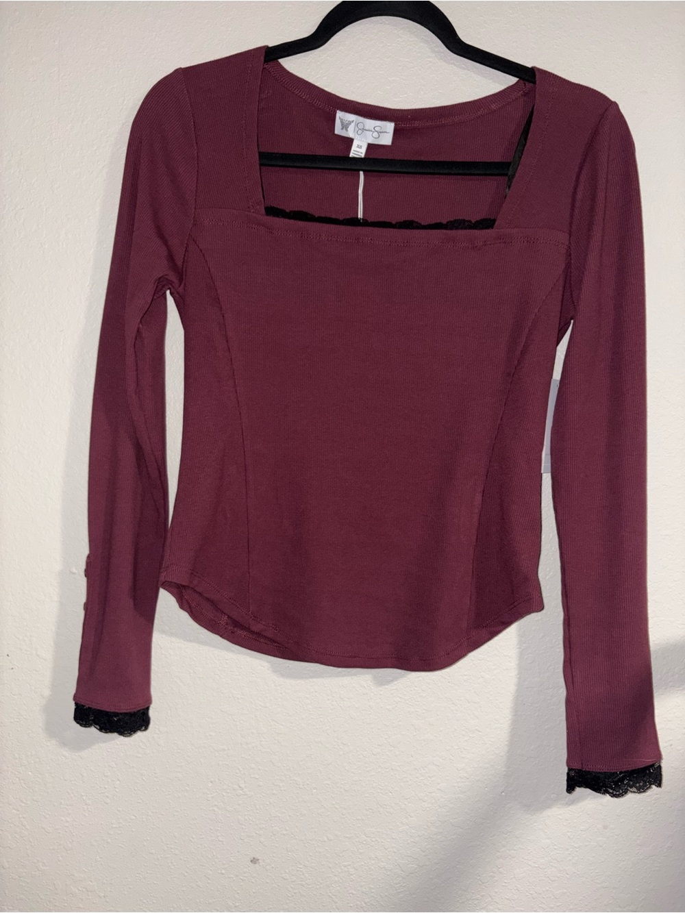 Jessica Simpson Long Sleeve Square Neck Top in Burgundy with Lace Cuffs